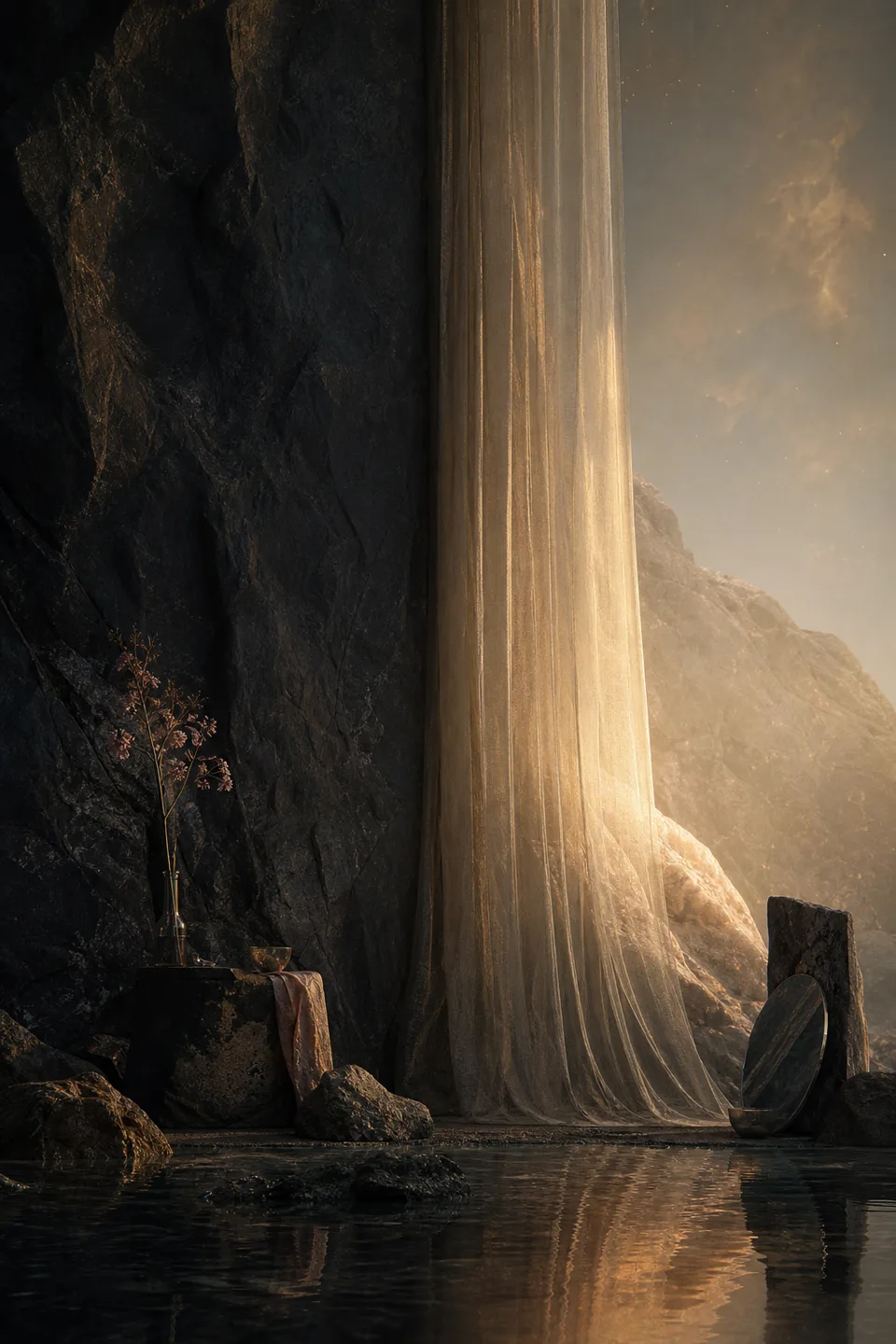 A handwoven veil between cool mineral shadow and a narrow field of warm light, with no deity, icon or sacred symbol.
