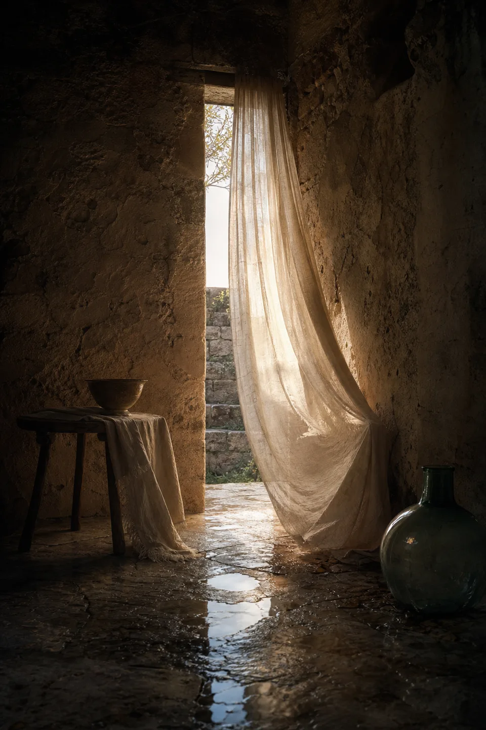 A quiet stone room where linen, breath-soft light and the trace of movement make the body present without making it identifiable.