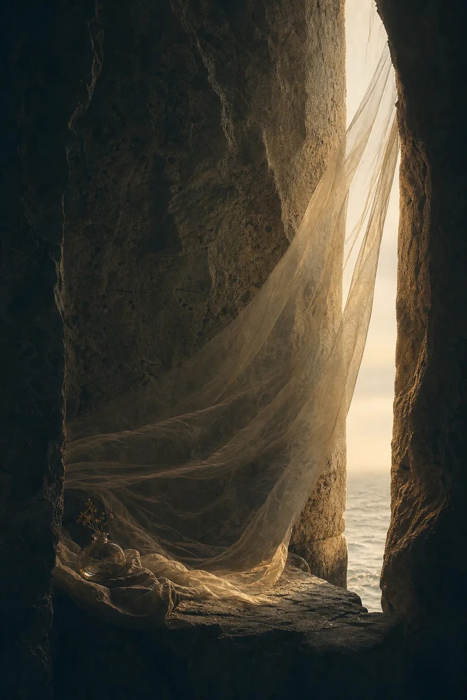 A handwoven veil between cool mineral shadow and a narrow field of warm light, with no deity, icon or sacred symbol.