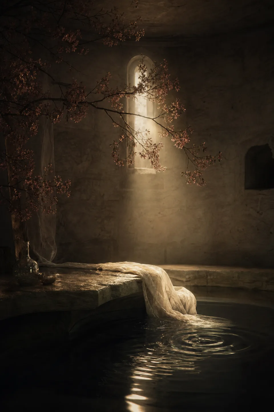 A quiet stone room where linen, breath-soft light and the trace of movement make the body present without making it identifiable.