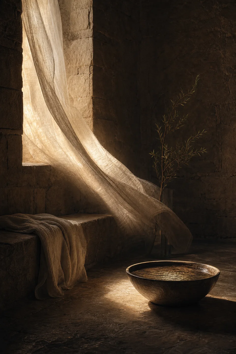 A quiet stone room where linen, breath-soft light and the trace of movement make the body present without making it identifiable.
