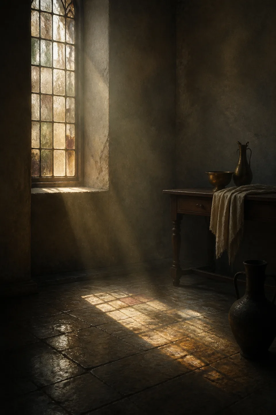 Morning light passing through old repaired glass onto a worn floor, with dust and stillness carrying time.
