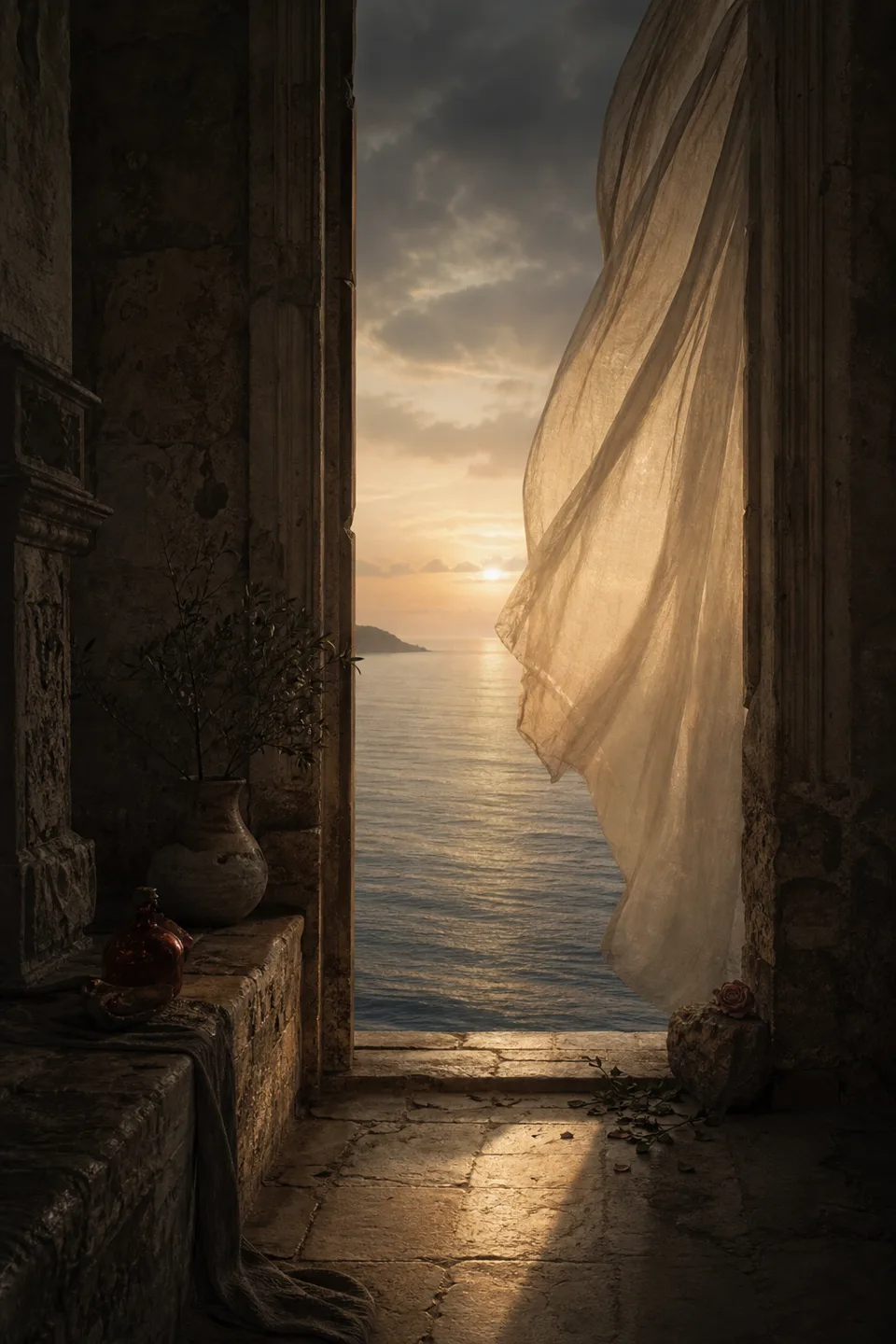 An open coastal threshold with wind moving through cloth toward a restrained dawn sea.